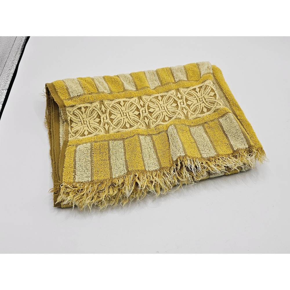 Vintage Montgomery Ward Style House Yellow Striped Cotton Fringe Hand Towel 70s
